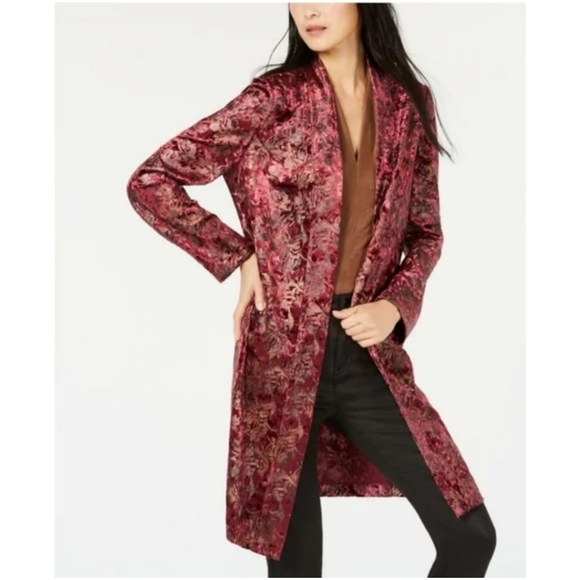 Bar III Floral Velvet Long Jacket Elegant Velvet Floral Robe - Burgundy XL - Picture 1 of 13